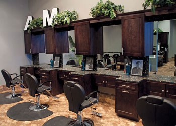 Interior of Las Vegas, NV men's hair salon with hair stylist stations 